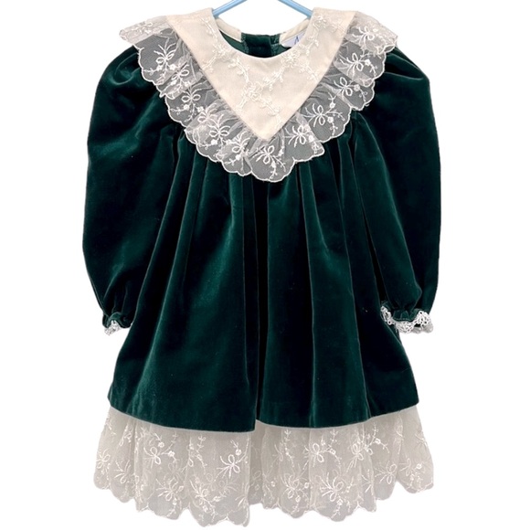 Jan Briggs VTG Christmas Dress Baby Girls Green Velvet Cream Ruffle Lace 18M - Picture 1 of 12